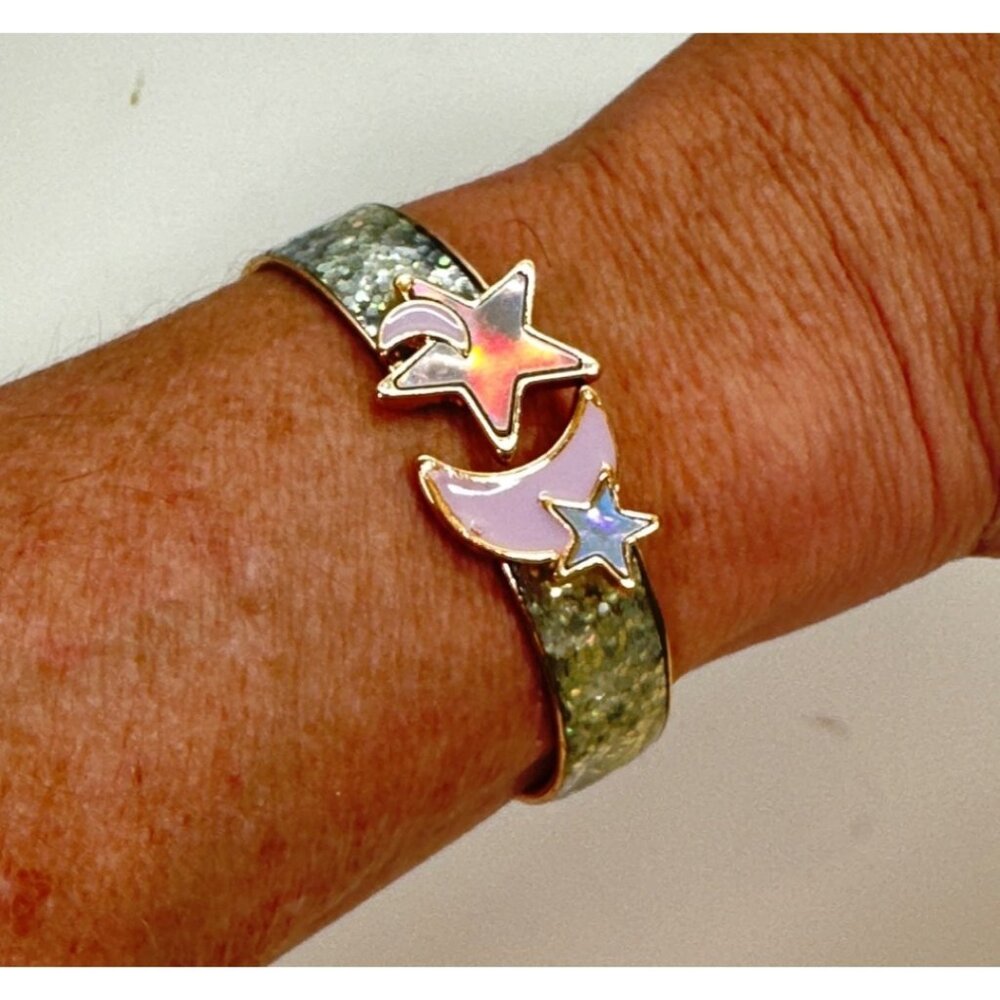 Celestial Clamp Bracelet- Gold Tone- 2.5 inches in Diameter- Moon, Stars, Cresce